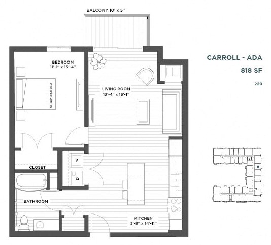 Carroll One Bedroom Floor Plan Carroll One Bedroom Floor Plan at The Hill Apartments